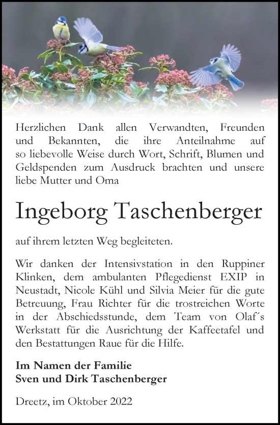Traueranzeige von Ingeborg Taschenberger von Märkischen Allgemeine Zeitung