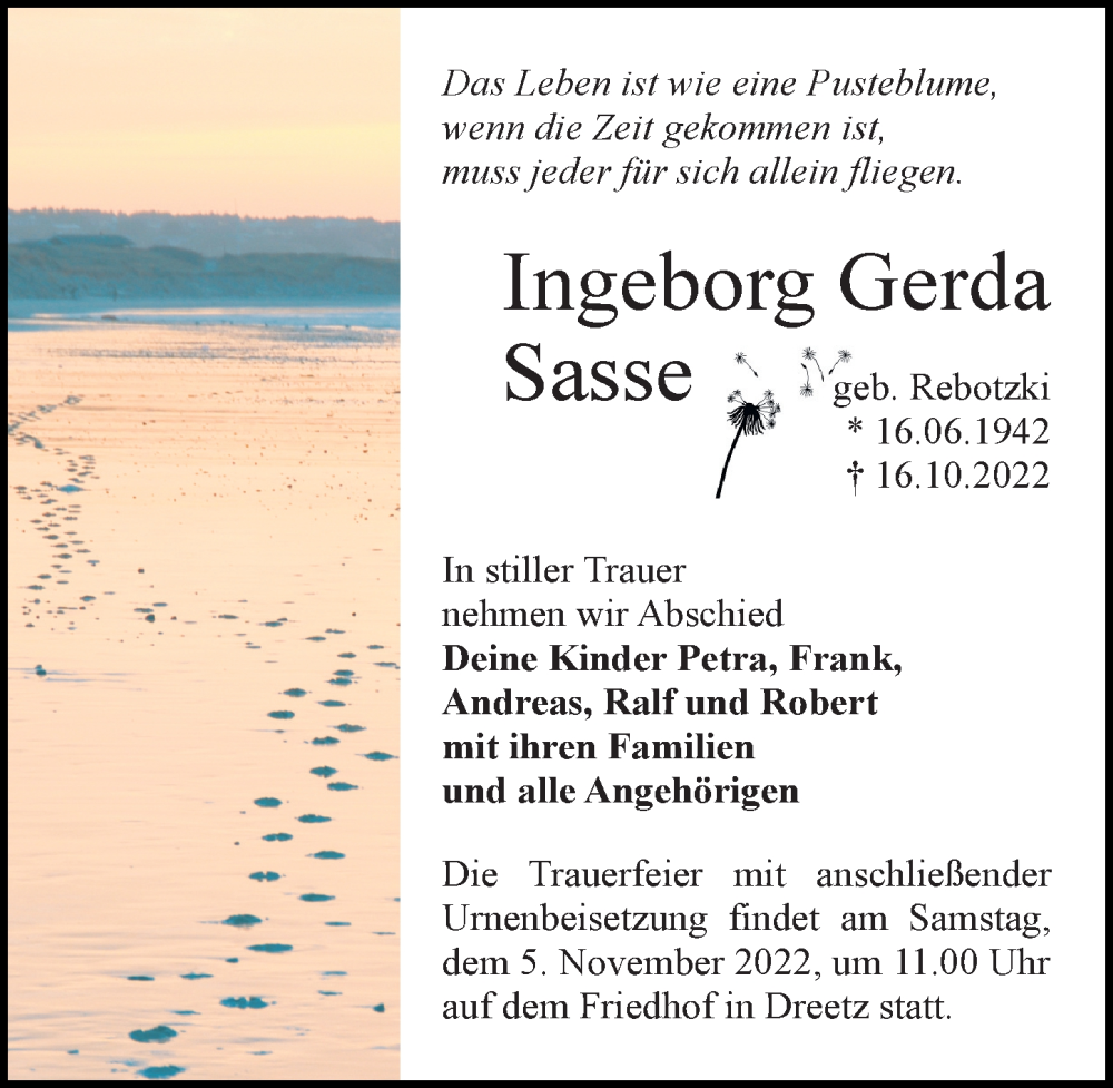  Traueranzeige für Ingeborg Gerda Sasse vom 22.10.2022 aus Märkischen Allgemeine Zeitung