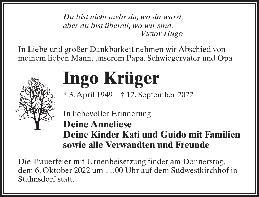  Traueranzeige für Ingo Krüger vom 01.10.2022 aus Märkischen Allgemeine Zeitung