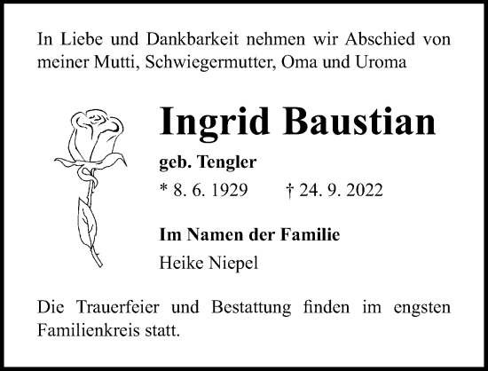 Traueranzeige von Ingrid Baustian von Ostsee-Zeitung GmbH