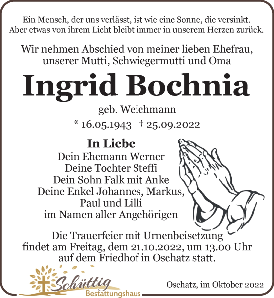 Traueranzeige von Ingrid Bochnia von Leipziger Volkszeitung