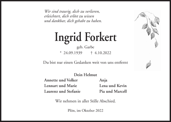 Traueranzeige von Ingrid Forkert von Kieler Nachrichten