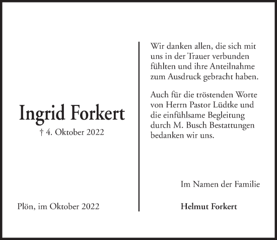 Traueranzeige von Ingrid Forkert von Kieler Nachrichten