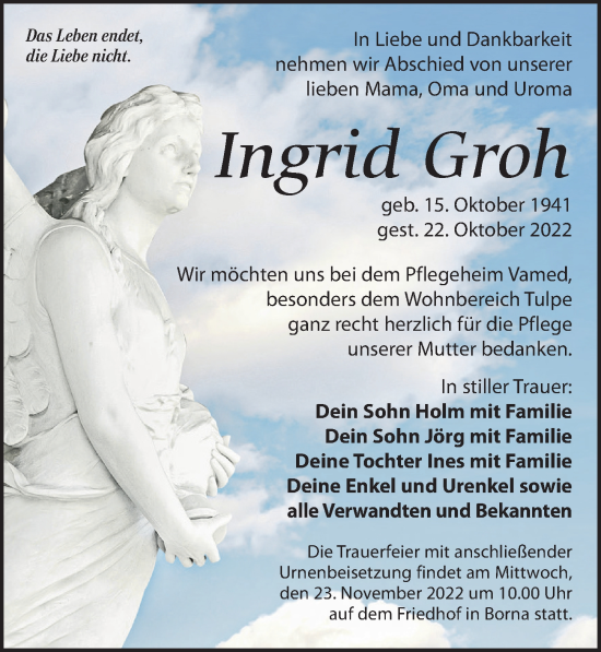 Traueranzeige von Ingrid Groh von Leipziger Volkszeitung