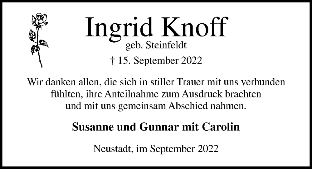  Traueranzeige für Ingrid Knoff vom 02.10.2022 aus Lübecker Nachrichten