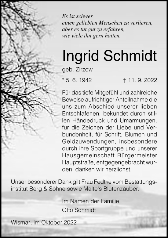 Traueranzeige von Ingrid Schmidt von Ostsee-Zeitung GmbH