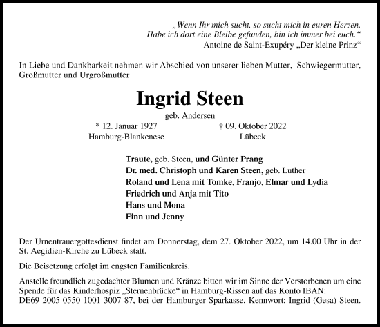 Traueranzeige von Ingrid Steen von Lübecker Nachrichten