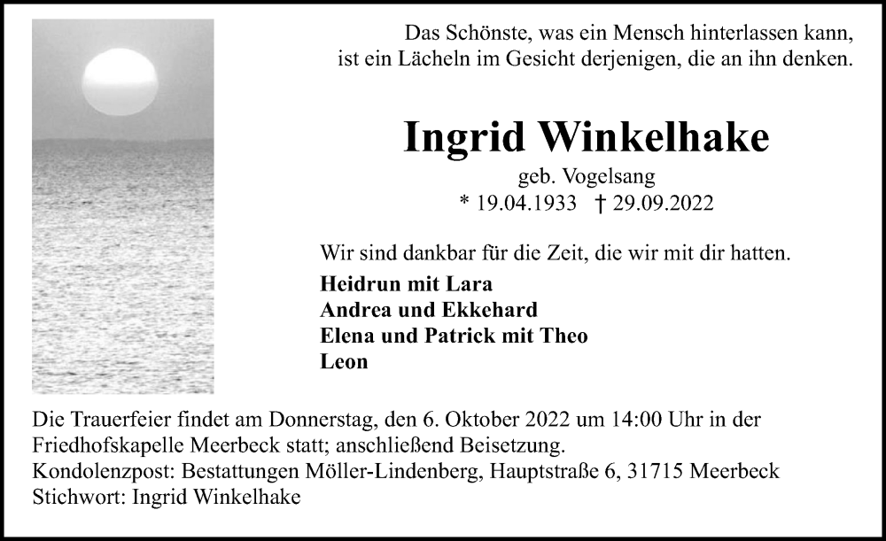  Traueranzeige für Ingrid Winkelhake vom 01.10.2022 aus Schaumburger Nachrichten