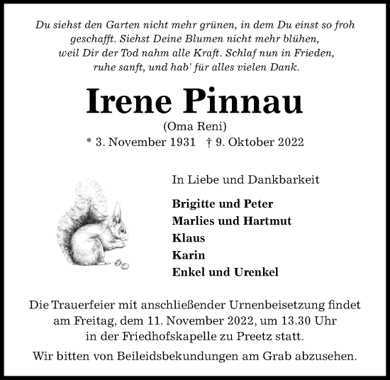 Traueranzeige von Irene Pinnau von Kieler Nachrichten