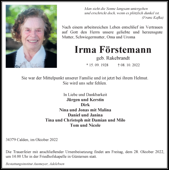 Traueranzeige von Irma Förstemann von Göttinger Tageblatt