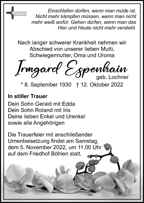 Traueranzeige von Irmgard Espenhain von Leipziger Volkszeitung