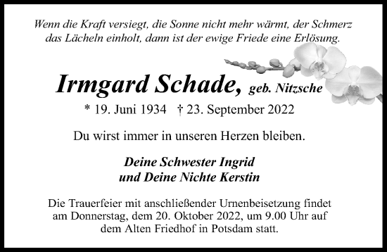 Traueranzeige von Irmgard Schade von Märkischen Allgemeine Zeitung