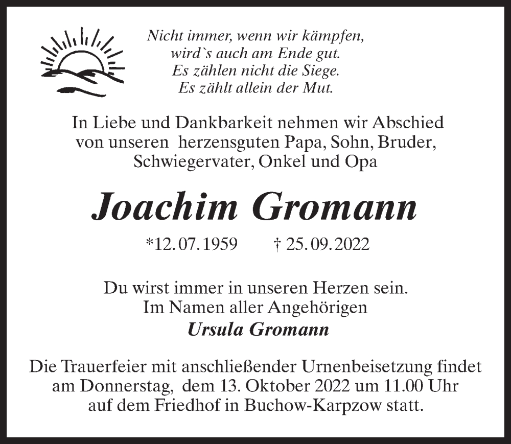  Traueranzeige für Joachim Gromann vom 01.10.2022 aus Märkischen Allgemeine Zeitung
