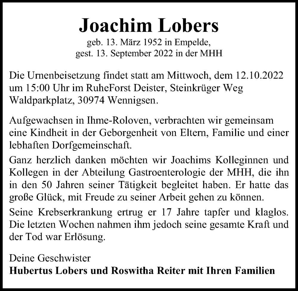  Traueranzeige für Joachim Lobers vom 01.10.2022 aus Hannoversche Allgemeine Zeitung/Neue Presse