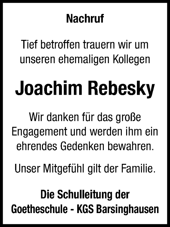 Traueranzeige von Joachim Rebesky von Hannoversche Allgemeine Zeitung/Neue Presse