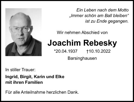 Traueranzeige von Joachim Rebesky von Hannoversche Allgemeine Zeitung/Neue Presse
