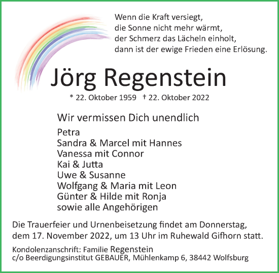 Traueranzeige von Jörg Regenstein von Aller Zeitung