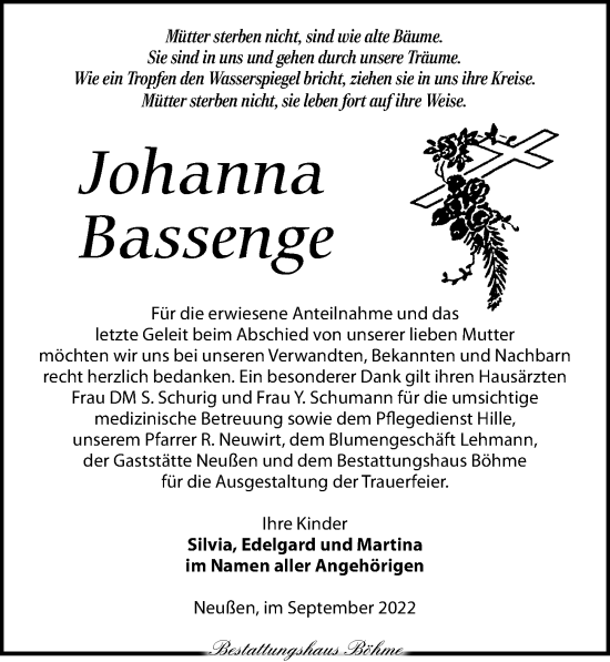 Traueranzeige von Johanna Bassenge von Torgauer Zeitung