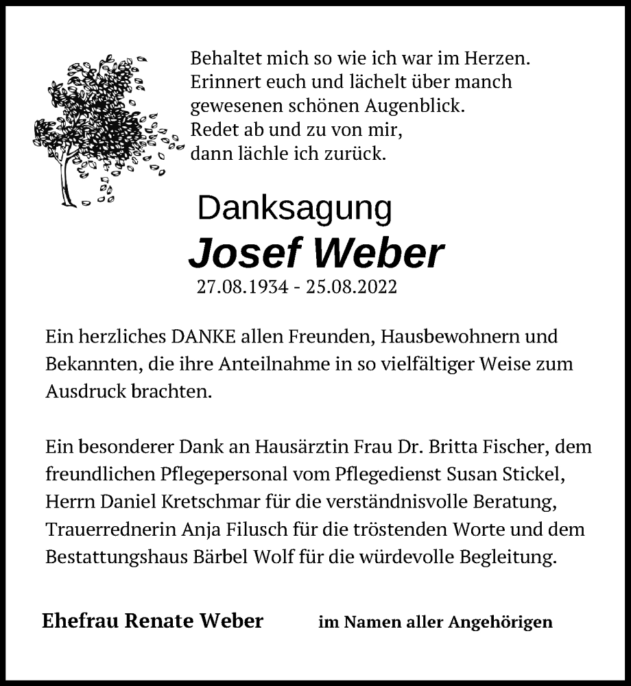  Traueranzeige für Josef Weber vom 01.10.2022 aus Leipziger Volkszeitung