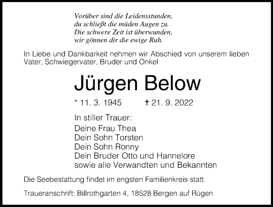 Traueranzeige von Jürgen Below von Ostsee-Zeitung GmbH