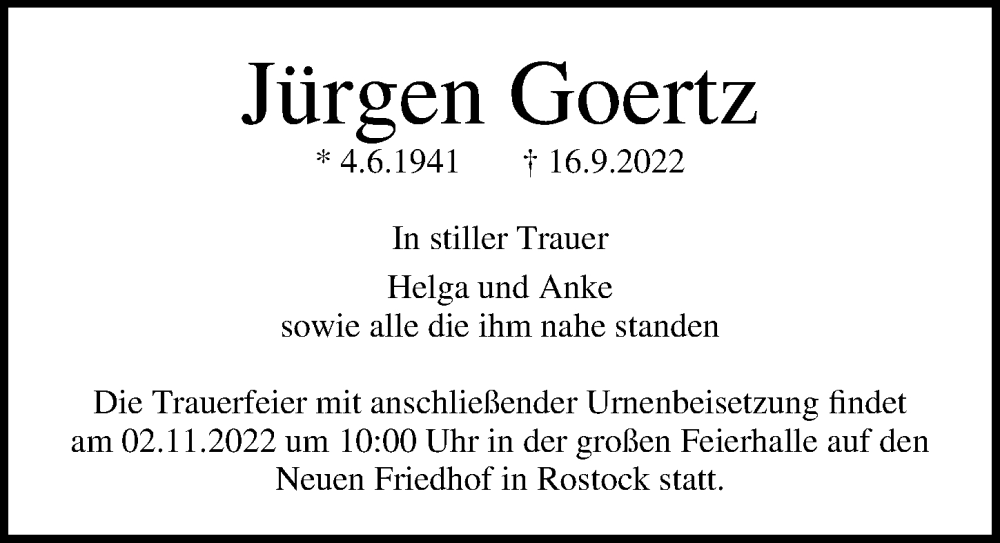  Traueranzeige für Jürgen Goertz vom 15.10.2022 aus Ostsee-Zeitung GmbH