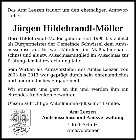 Traueranzeige von Jürgen Hildebrandt-Möller von Kieler Nachrichten