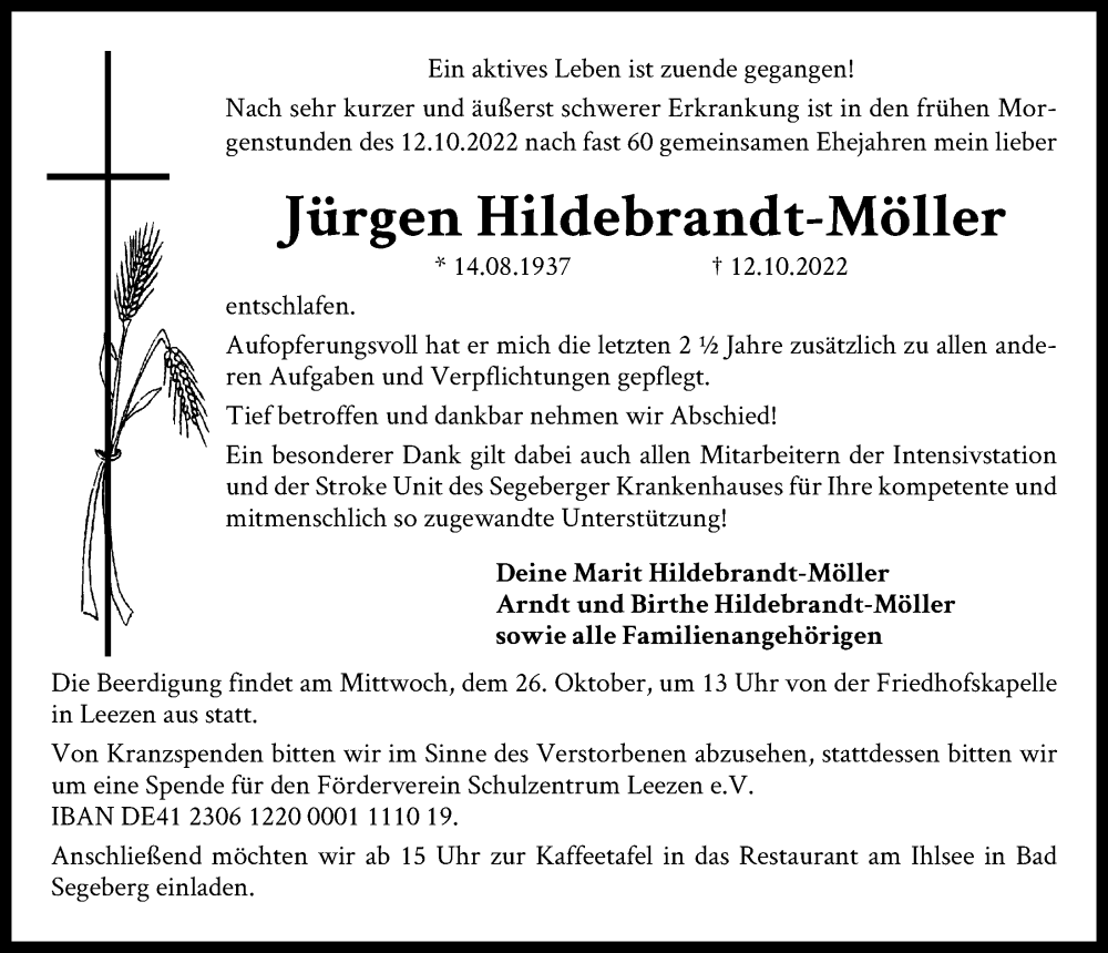  Traueranzeige für Jürgen Hildebrandt-Möller vom 22.10.2022 aus Kieler Nachrichten