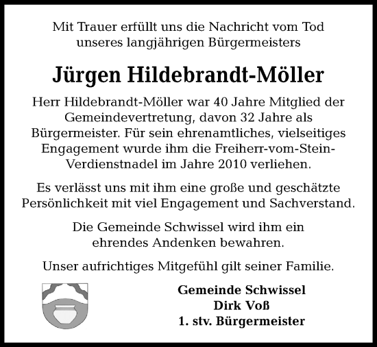 Traueranzeige von Jürgen Hildebrandt-Möller von Kieler Nachrichten