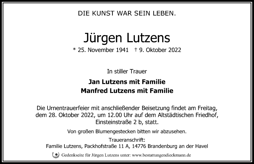 Traueranzeige für Jürgen Lutzens vom 15.10.2022 aus Märkischen Allgemeine Zeitung