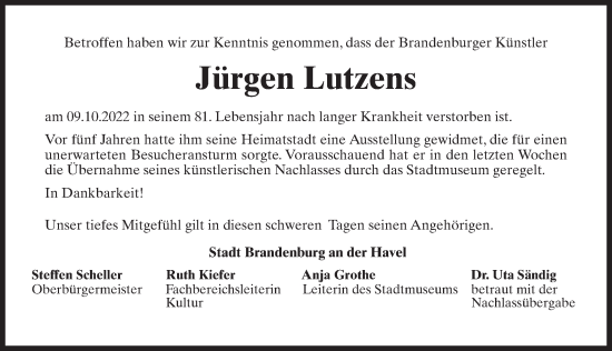 Traueranzeige von Jürgen Lutzens von Märkischen Allgemeine Zeitung