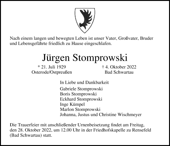 Traueranzeige von Jürgen Stomprowski von Lübecker Nachrichten