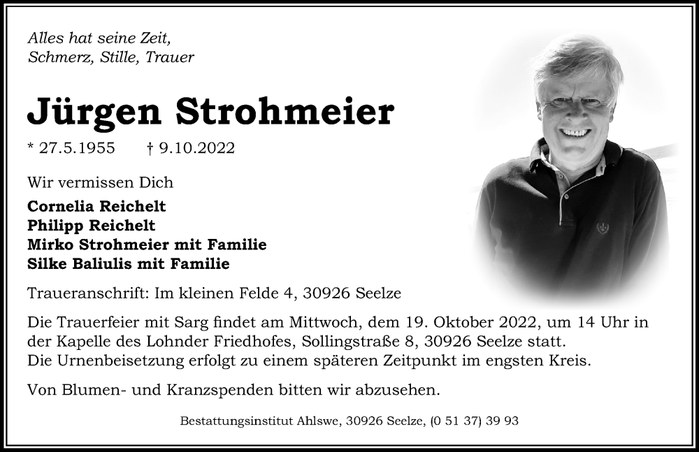  Traueranzeige für Jürgen Strohmeier vom 15.10.2022 aus Hannoversche Allgemeine Zeitung/Neue Presse