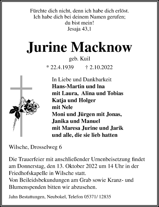 Traueranzeige von Jurine Macknow von Aller Zeitung