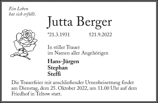 Traueranzeige von Jutta Berger von Märkischen Allgemeine Zeitung