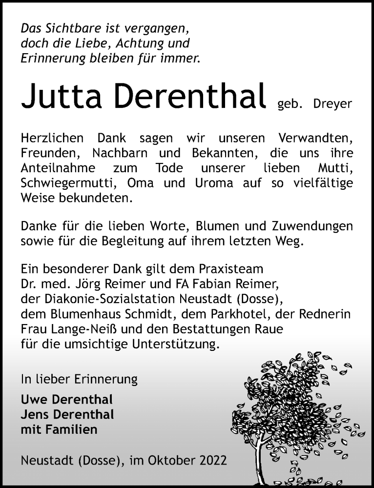  Traueranzeige für Jutta Derenthal vom 15.10.2022 aus Märkischen Allgemeine Zeitung