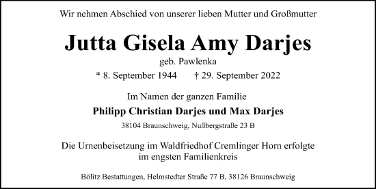 Traueranzeige von Jutta Gisela Amy Darjes von Lübecker Nachrichten