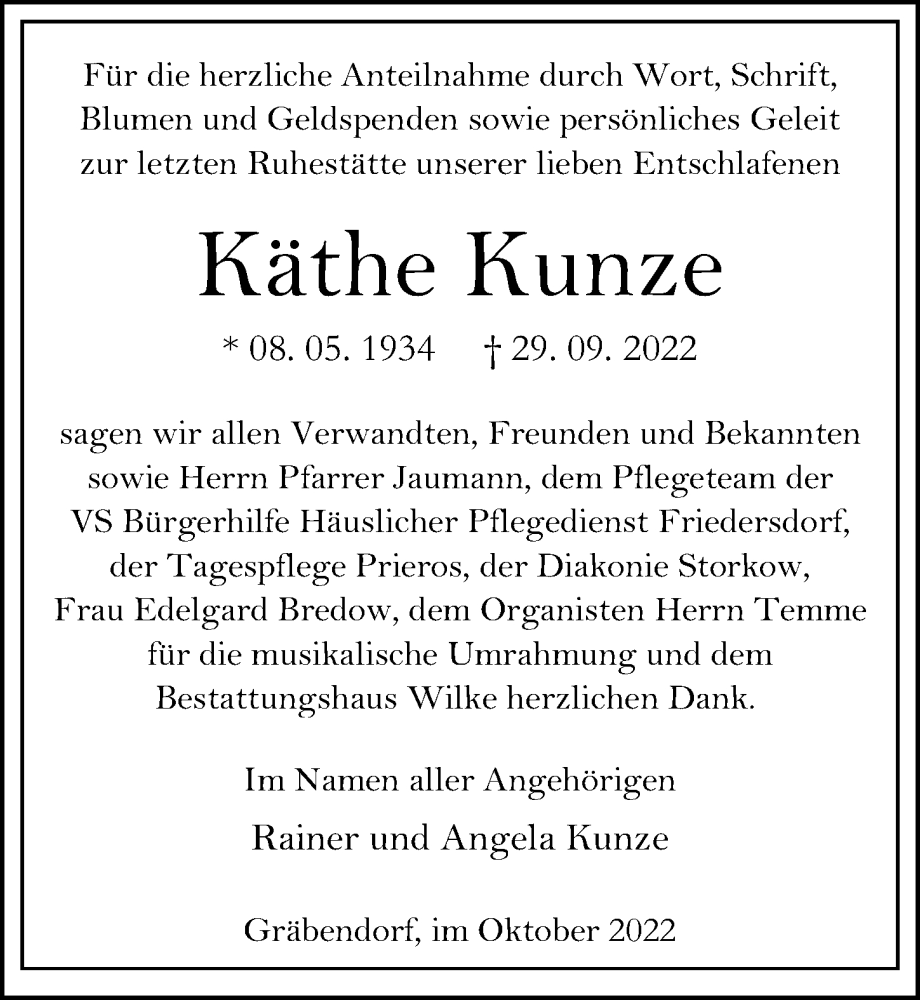  Traueranzeige für Käthe Kunze vom 22.10.2022 aus Märkischen Allgemeine Zeitung