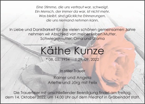 Traueranzeige von Käthe Kunze von Märkischen Allgemeine Zeitung