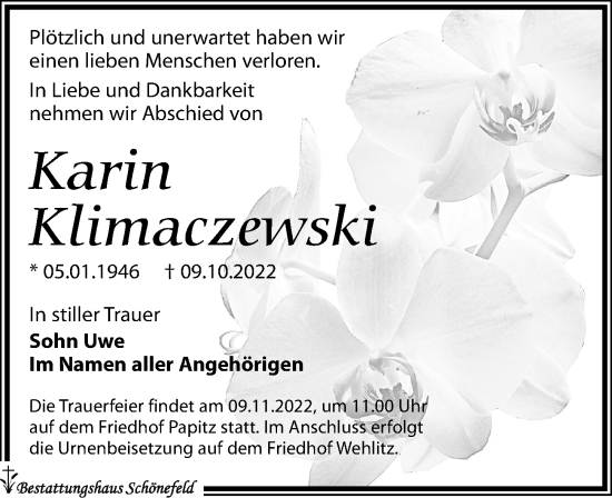 Traueranzeige von Karin Klimaczewski von Leipziger Volkszeitung