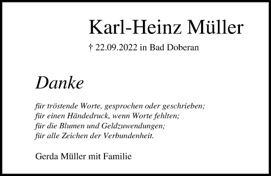 Traueranzeige von Karl-Heinz Müller von Ostsee-Zeitung GmbH