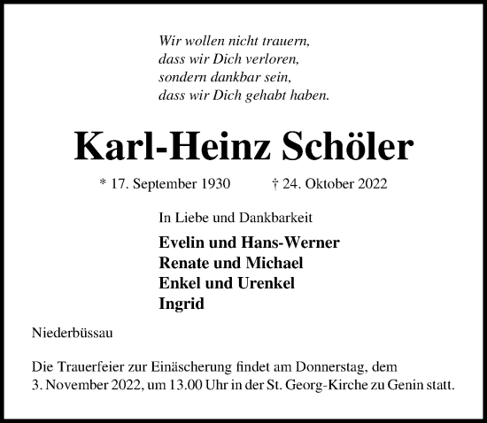 Traueranzeige von Karl-Heinz Schöler von Lübecker Nachrichten