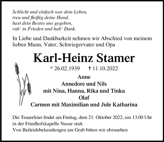 Traueranzeige von Karl-Heinz Stamer von Lübecker Nachrichten