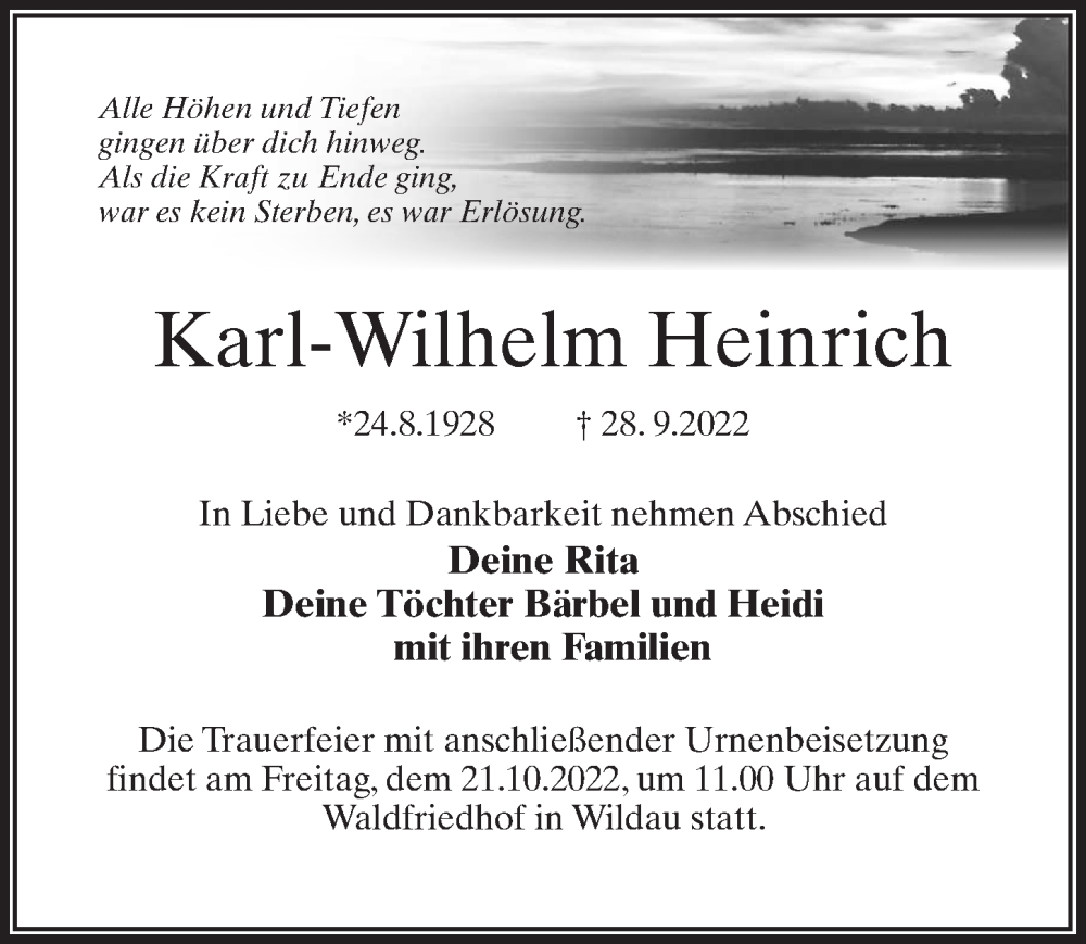 Traueranzeige für Karl-Wilhelm Heinrich vom 08.10.2022 aus Märkischen Allgemeine Zeitung