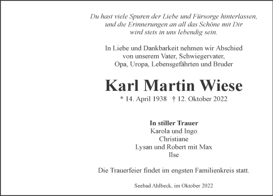 Traueranzeige von Karl Martin Wiese von Ostsee-Zeitung GmbH