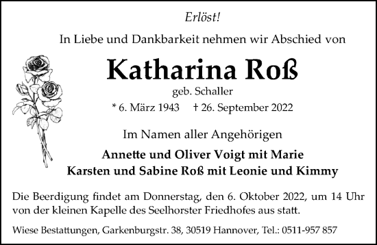Traueranzeige von Katharina Roß von Hannoversche Allgemeine Zeitung/Neue Presse