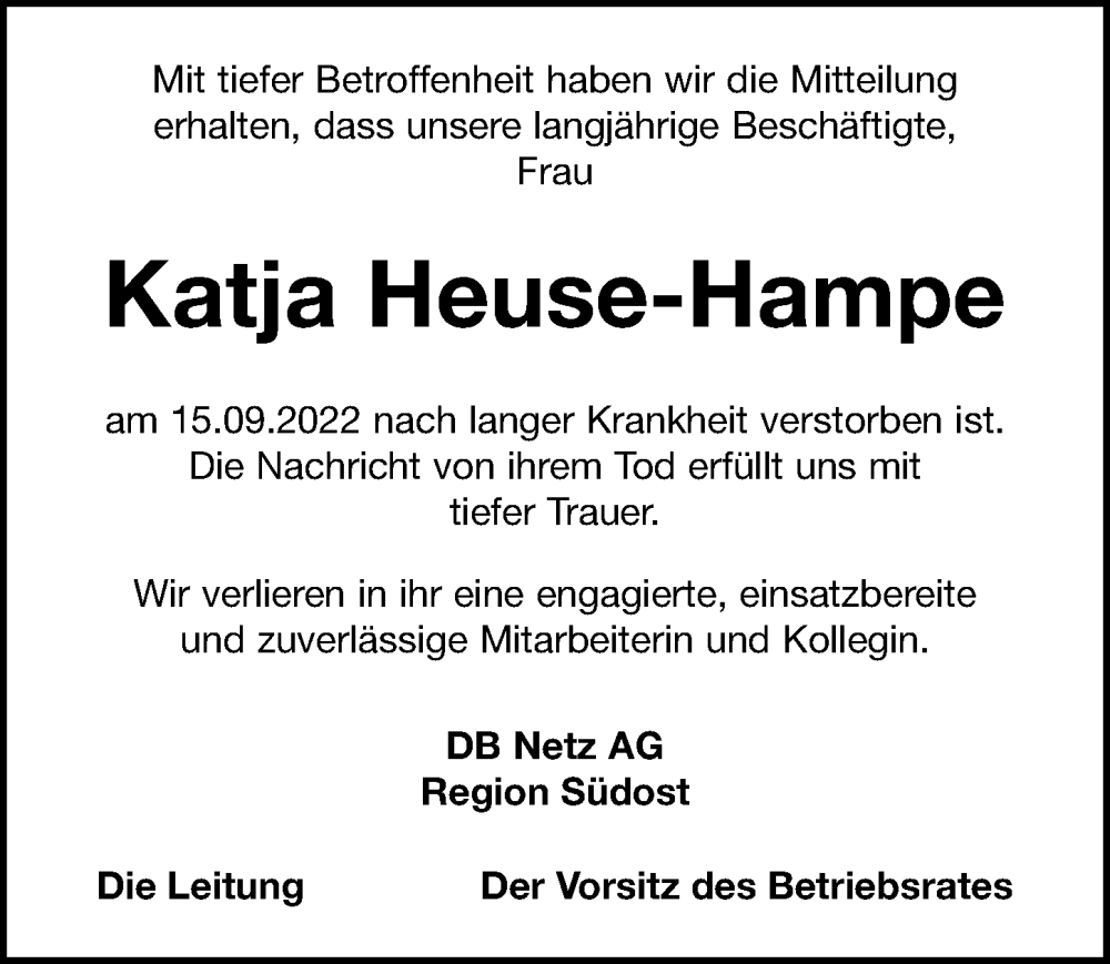  Traueranzeige für Katja Heuse-Hampe vom 29.10.2022 aus Hannoversche Allgemeine Zeitung/Neue Presse