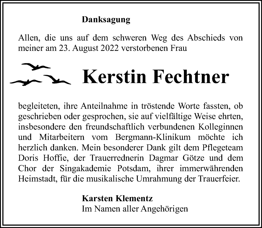  Traueranzeige für Kerstin Fechtner vom 01.10.2022 aus Märkischen Allgemeine Zeitung