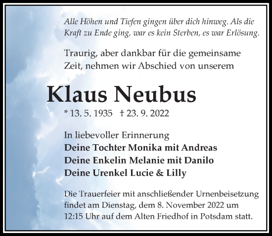 Traueranzeige von Klaus Neubus von Märkischen Allgemeine Zeitung