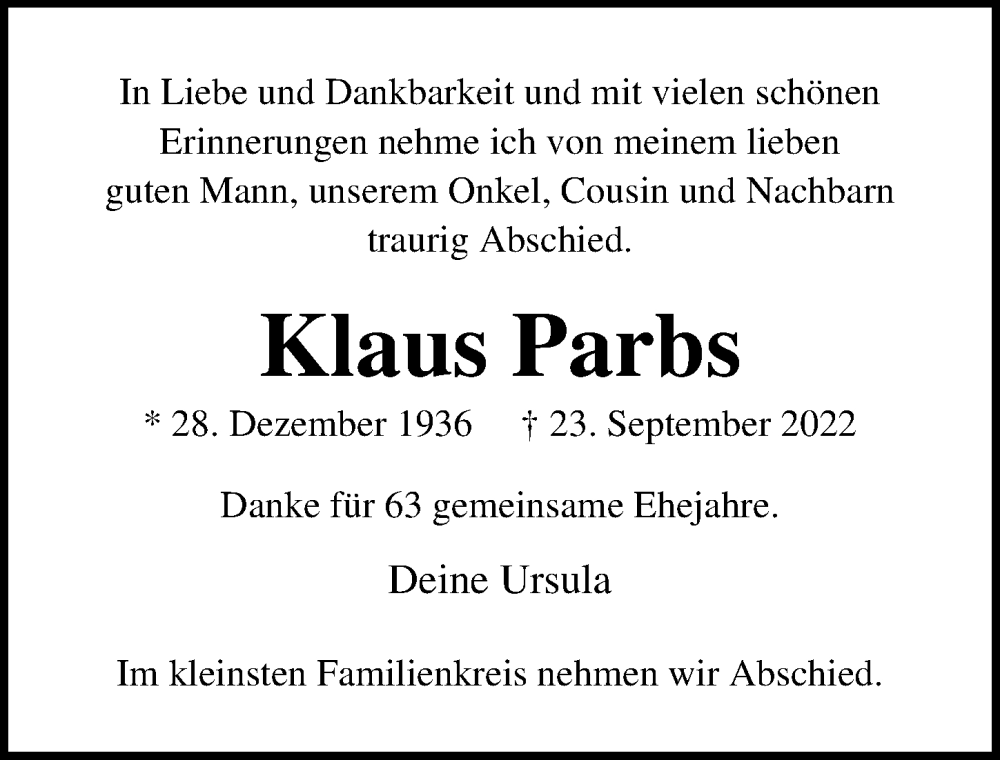  Traueranzeige für Klaus Parbs vom 08.10.2022 aus Lübecker Nachrichten