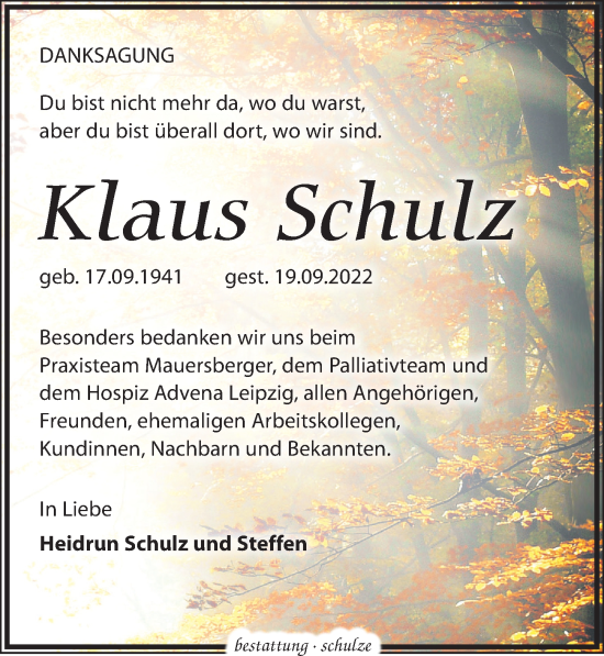 Traueranzeige von Klaus Schulz von Leipziger Volkszeitung